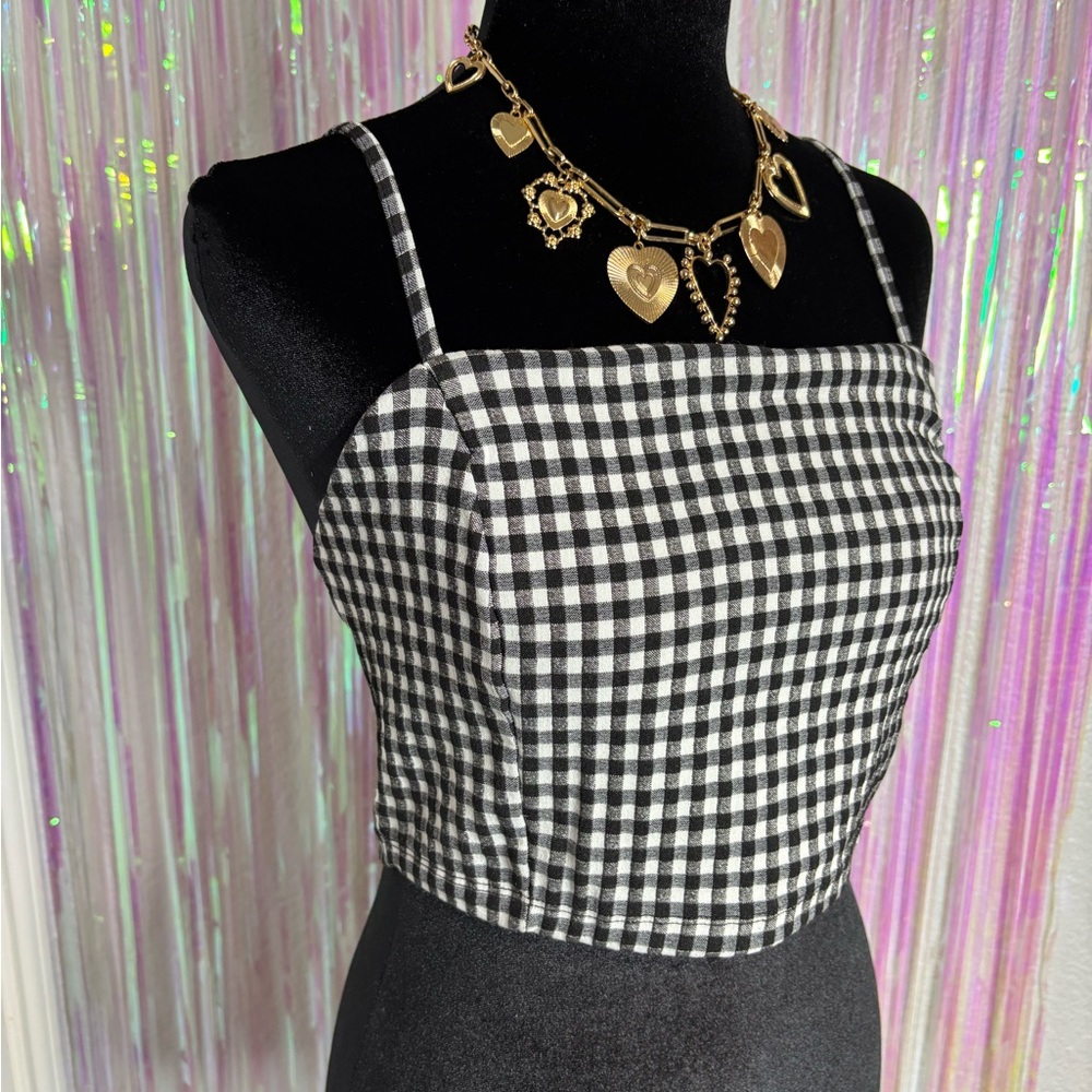 Black & White Stretchy Gingham Square Neck Crop Top Adjustable Straps Sz Medium